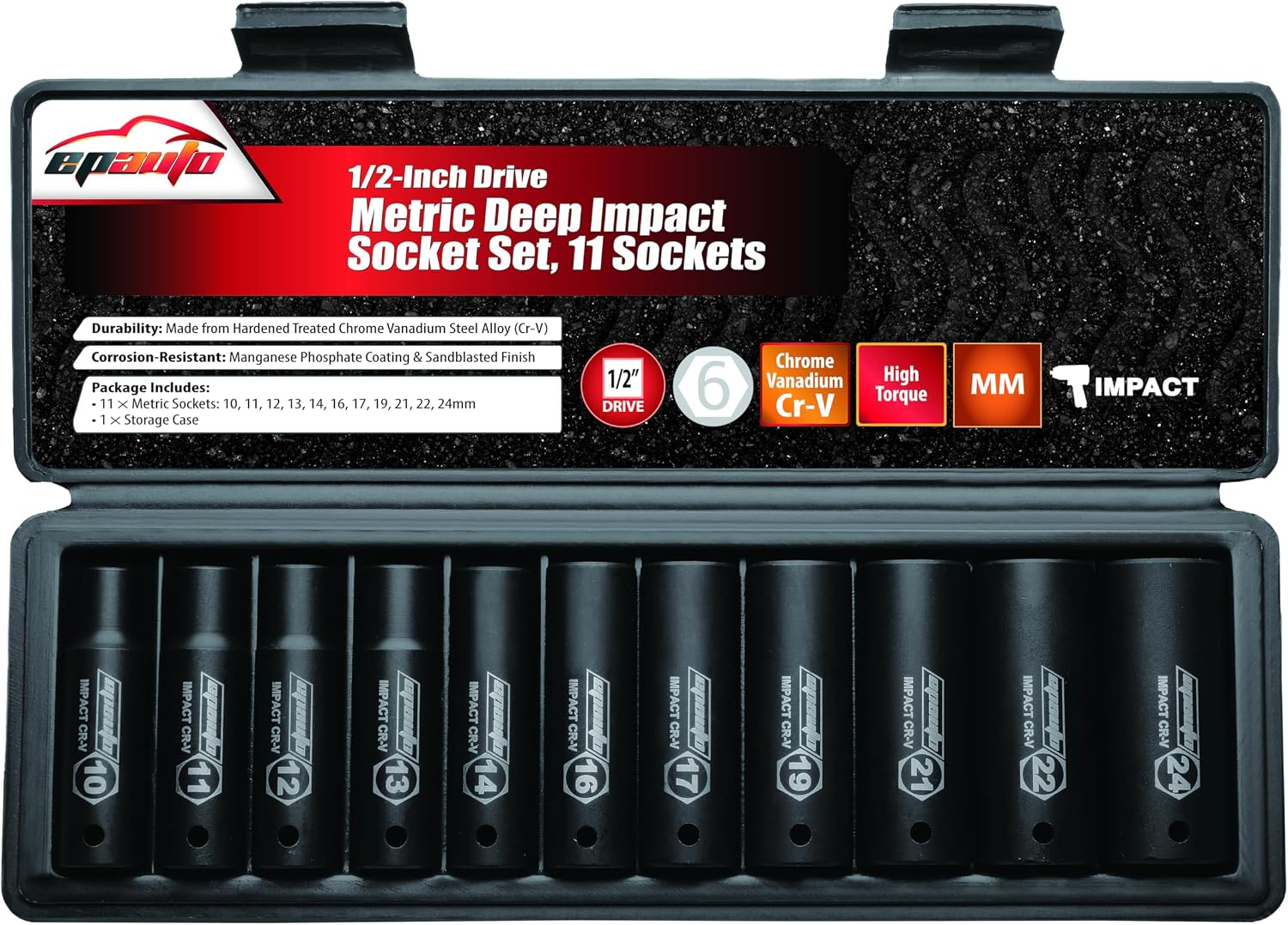 1/2-Inch Drive Metric Deep Impact Socket Set, Cr-V, 11 Sockets
