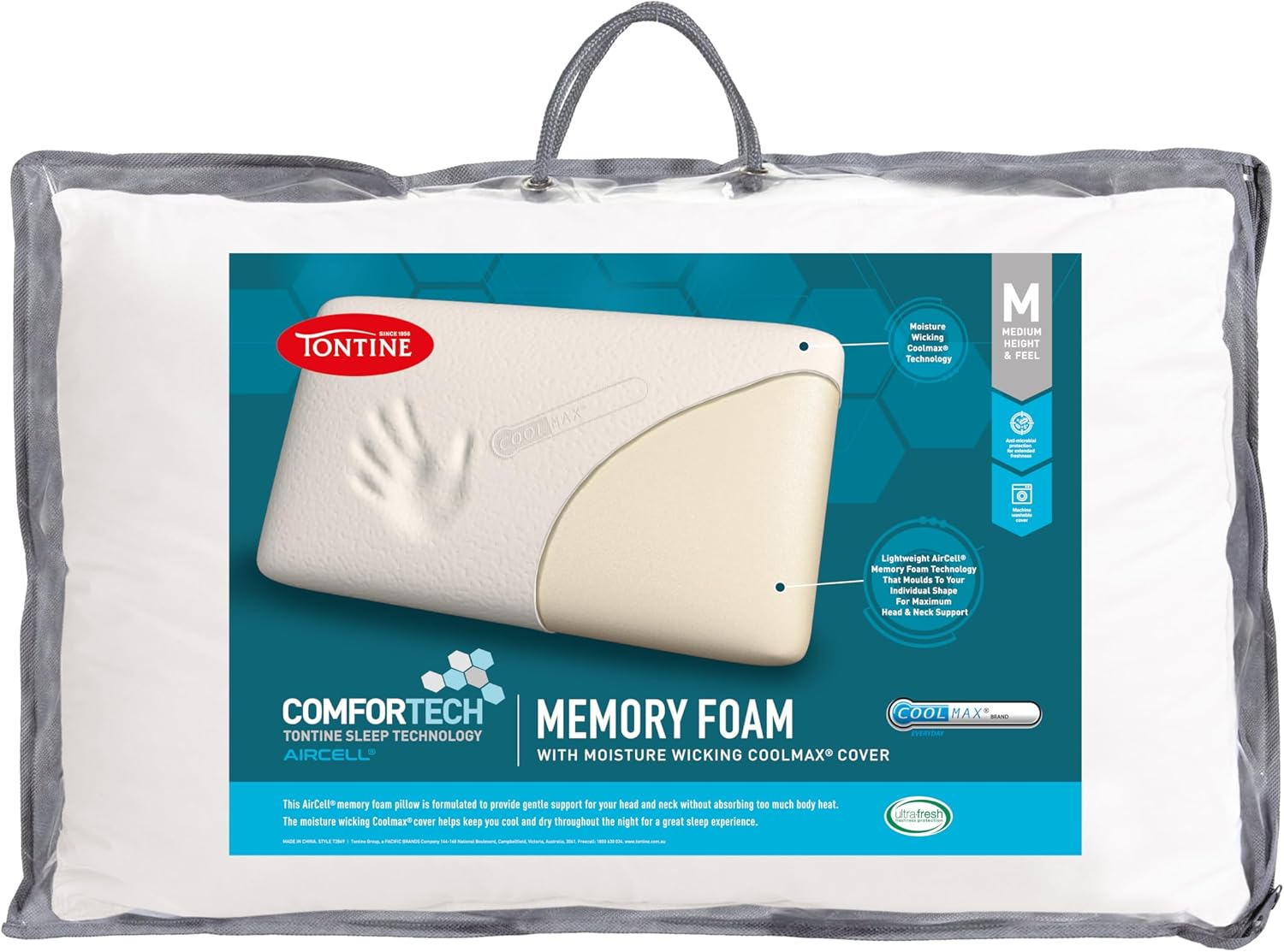 Comfortech Coolmax Memory Foam Pillow – Medium Height, Softness & Support, Washable & Removable Moisture-Wicking Cover, Anti-Microbial Protection, Hypoallergenic Restful Sleep