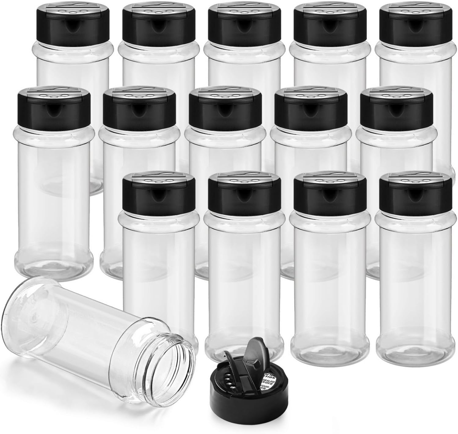 14 Pcs Spice Bottles Plastic Seasoning Containers, 3 Oz Clear Plastic Spice Jars with Shaker Lids Empty for Spice & Herbs, Powders, Glitters, BPA Free | Heavy Duty | Wide Mouth | Dual Flaps