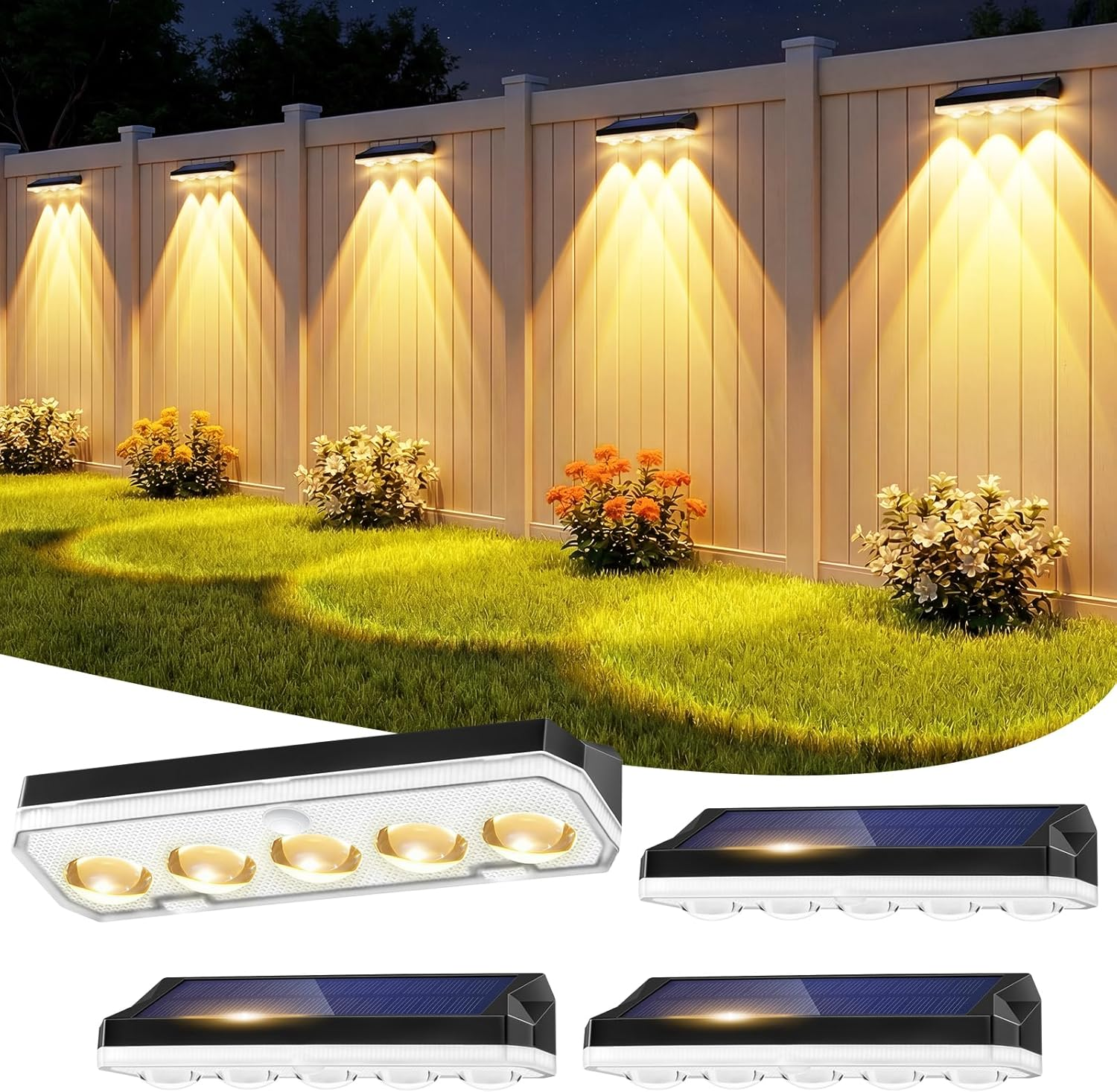 Solar Fence Lights Outdoor, 4 Pack Solar Lights Outdoor Garden Warm White