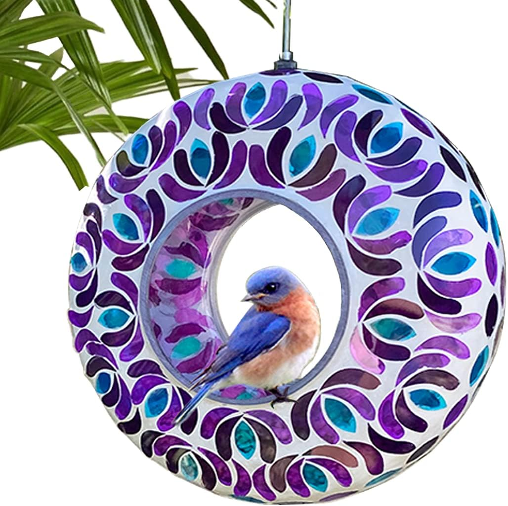 8 Inches Glass Mosaic Hanging Bird Feeder for Outdoors Fly-Through Large Bird Feeder for Outdoor Garden Decor Backyard, Animals Lovers Gift, Purple and Blue