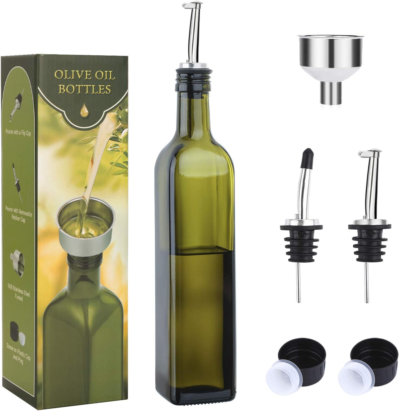 AOZITA 17Oz Glass Olive Oil Bottle Dispenser - 500Ml Green Oil and Vinegar Cruet