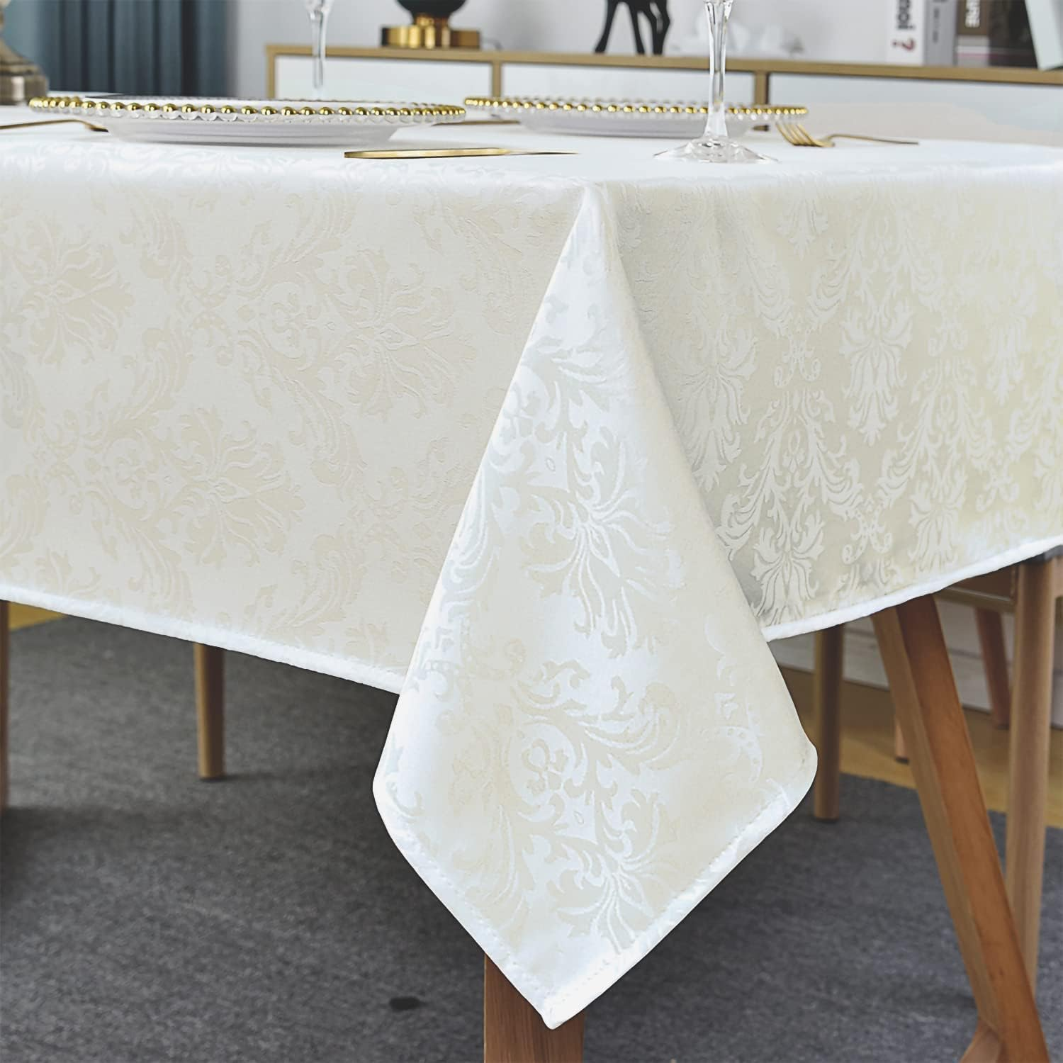 Rectangle Tablecloth - 60 X 84 Inch Beige Cream Damask Table Cloth Jacquard Design Spill Proof Wrinkle Resistant Waterproof Soft Polyester Oblong Table Cover for Kitchen Parties(Ivory)