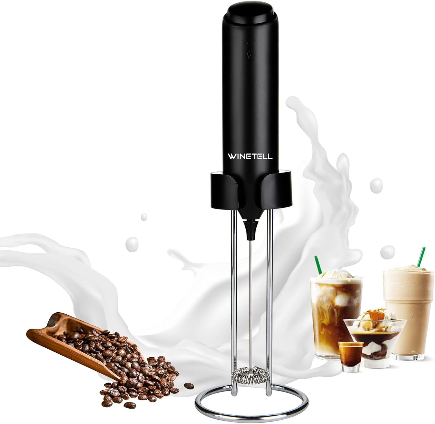 Rechargeable Electric Milk Frother Handheld, Coffee Frother with USB C Charging Stand, Powerful Frother Wand Whisk, Drink Mixer for Lattes, Hot Chocolate, Matcha, Etc
