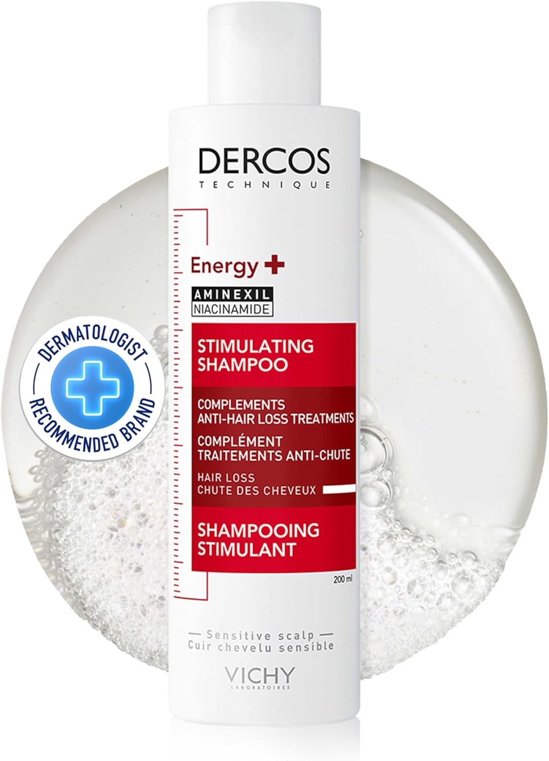 Vichy Dercos Stimulating Shampoo Complements anti Hair Loss Treatments 200Ml, for Thinning Hair, Hypoallergenic Formula Tested on Sensitive Scalp, Energy plus Aminexil + Niacinamide + Ceramides