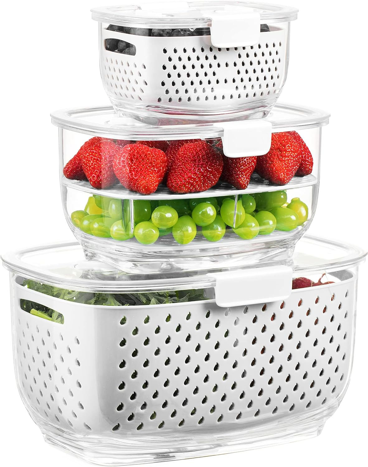 Fresh Produce Vegetable Fruit Storage Containers 3Piece Set, Bpa-Free, Partitioned Salad Container, Fridge Organizers, Used in Storing Fruits Vegetables, White