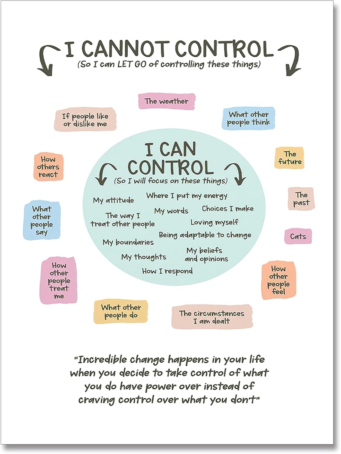 Growth Mindset Mental  Posters I Cannot Control and I Can Control Positive Affirmations Charts Canvas Wall Art Kids Educational Prints For Calming Corner Decorations Unframed 12x16in