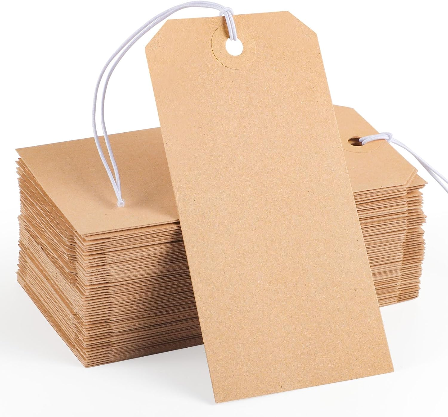 100pcs Brown Paper Shipping Tags with Elastic Rope Large Marking Hanging Paper Tags Attached Reinforced Hole Writable Price Tag Inventory Gift Tag 4.76'' x 2.36''