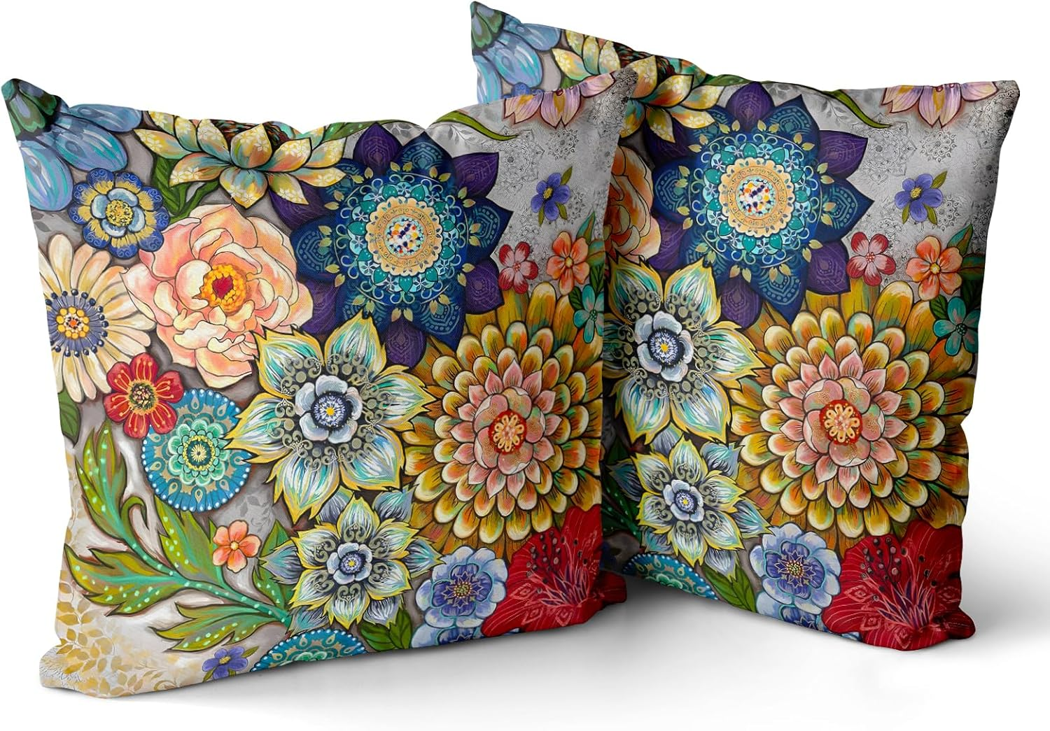 Boho Floral Throw Pillow Covers Set of 2 Colorful Boho Flower Decorative Cushions Pillowcase for Bedroom Sofa Home Decor, 16x16 Inch, Velvet, Short Plush