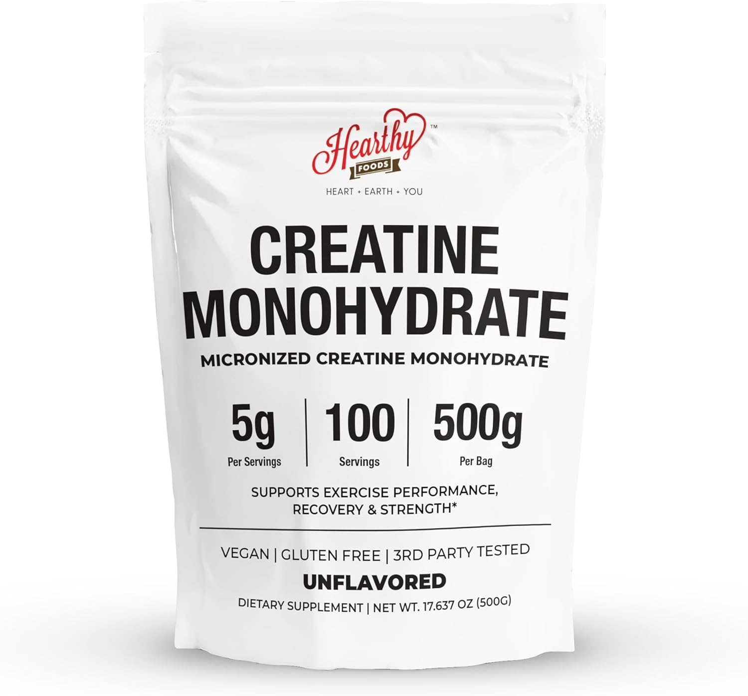 HEARTHY FOODS Creatine Monohydrate Micronized Powder 500G - 100 Servings, 5000mg