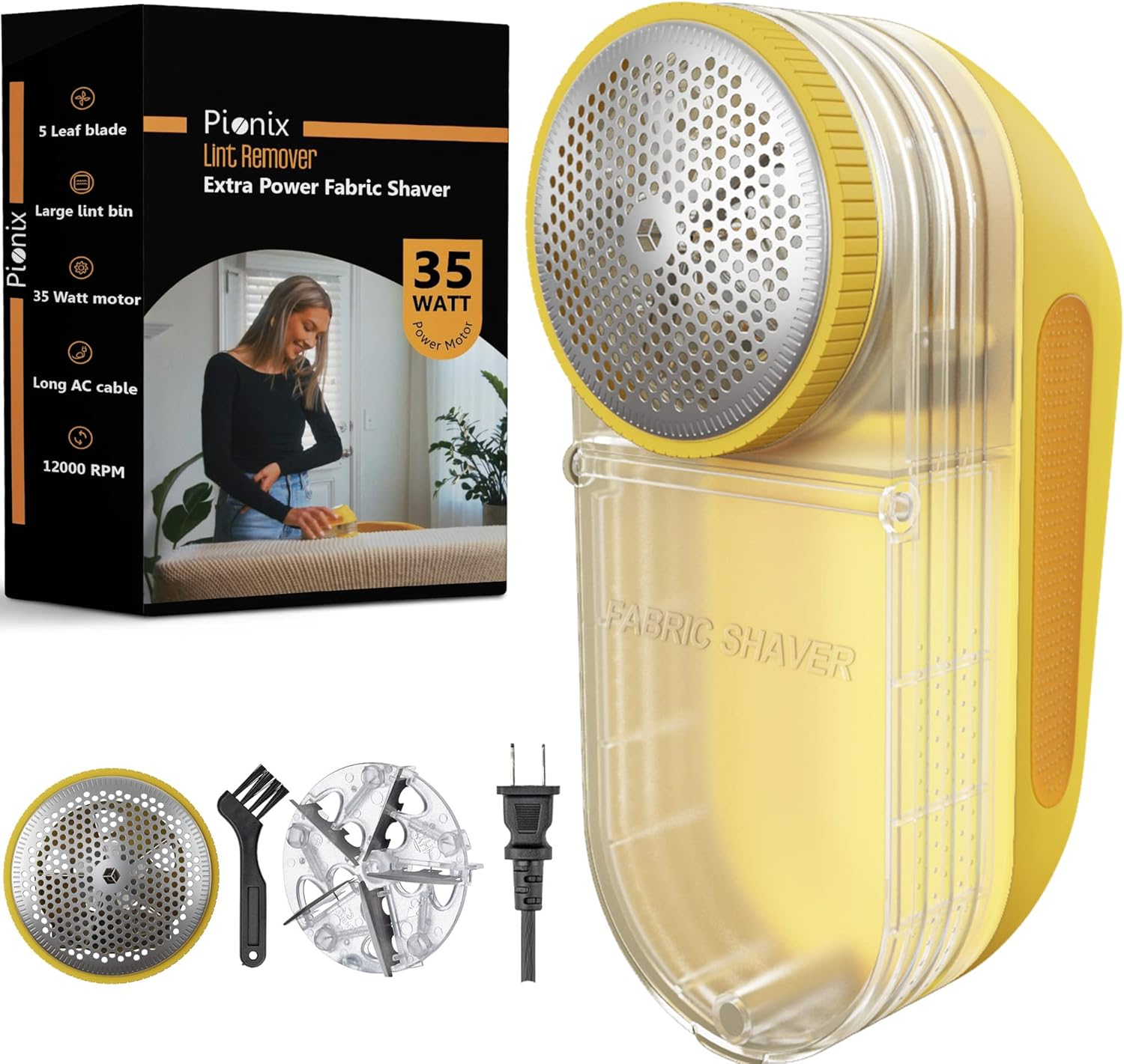 Extra Power Fabric Shaver - 35W Electric Lint Remover for /Upholstery/Furniture/Couch - Speed of 12000 RPM - Heavy Duty Sweater Shavers to Remove Pilling - Large Fuzz Remover Yellow