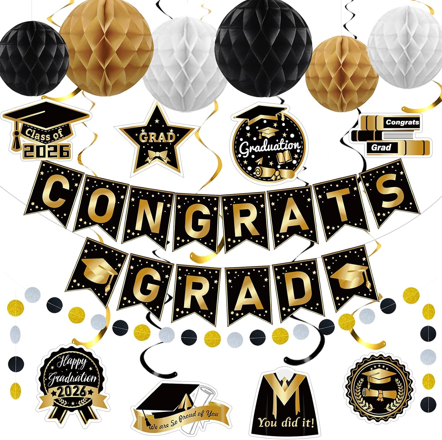 Graduation Decorations Class of 2026 Congrats Grad Party Supplies Black Gold Graduation Banner Hanging Swirl Decorations Honeycomb Balls Graduation Decor for High School College Graduation Celebration