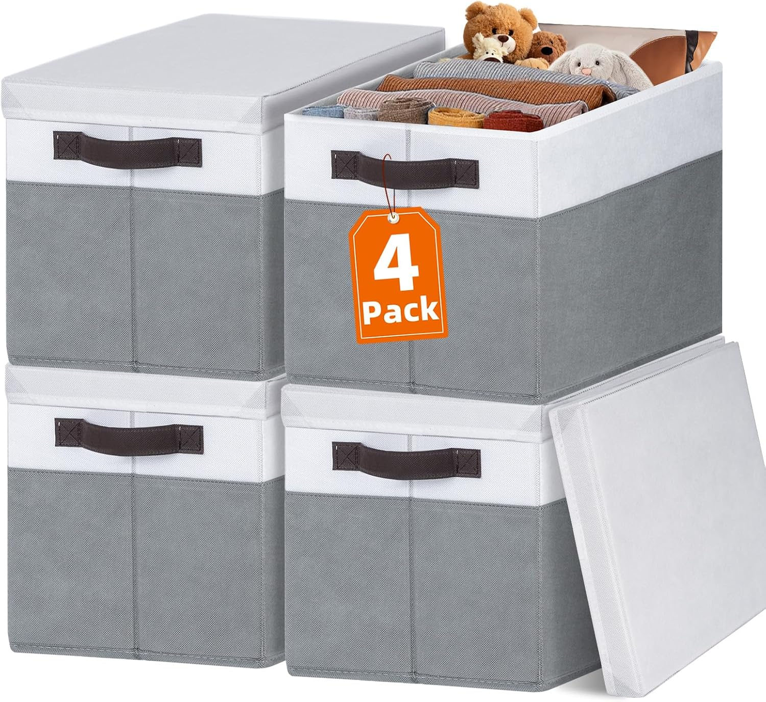 Large Storage Baskets Bins with Lids 4 Pack, Storage Baskets for Organizing Shelves Nursery Bedroom, Home Closet Organizers Cubes for  Toys Blanket - Stackable & Sturdy -14X10X9.5