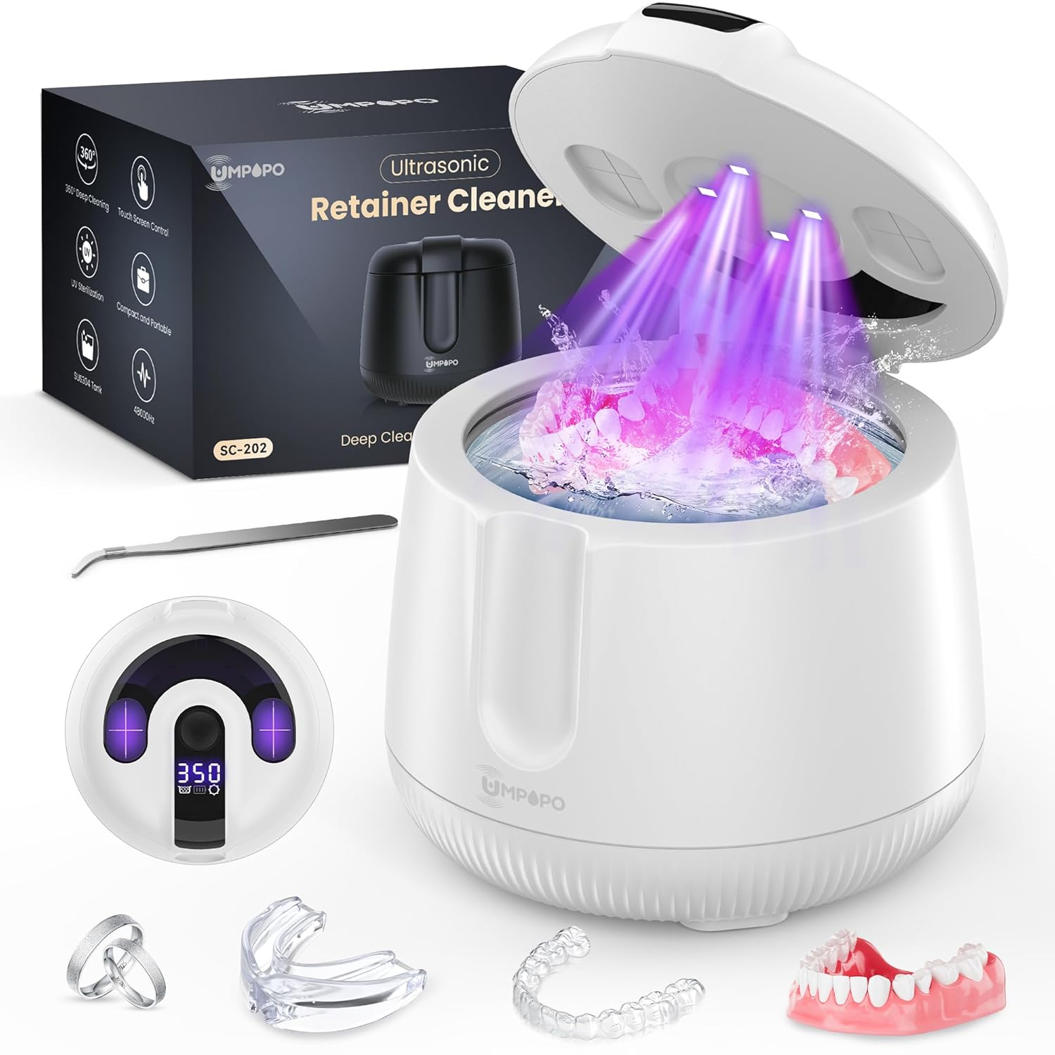 Ultrasonic Retainer Cleaner Machine 48Khz, Dental Cleaning Pod, Ultrasonic Retainer Cleaner for Dentures, Aligners, Mouth Guards, Toothbrush Heads and Jewelry with 200ML Capacity, LAB Supply