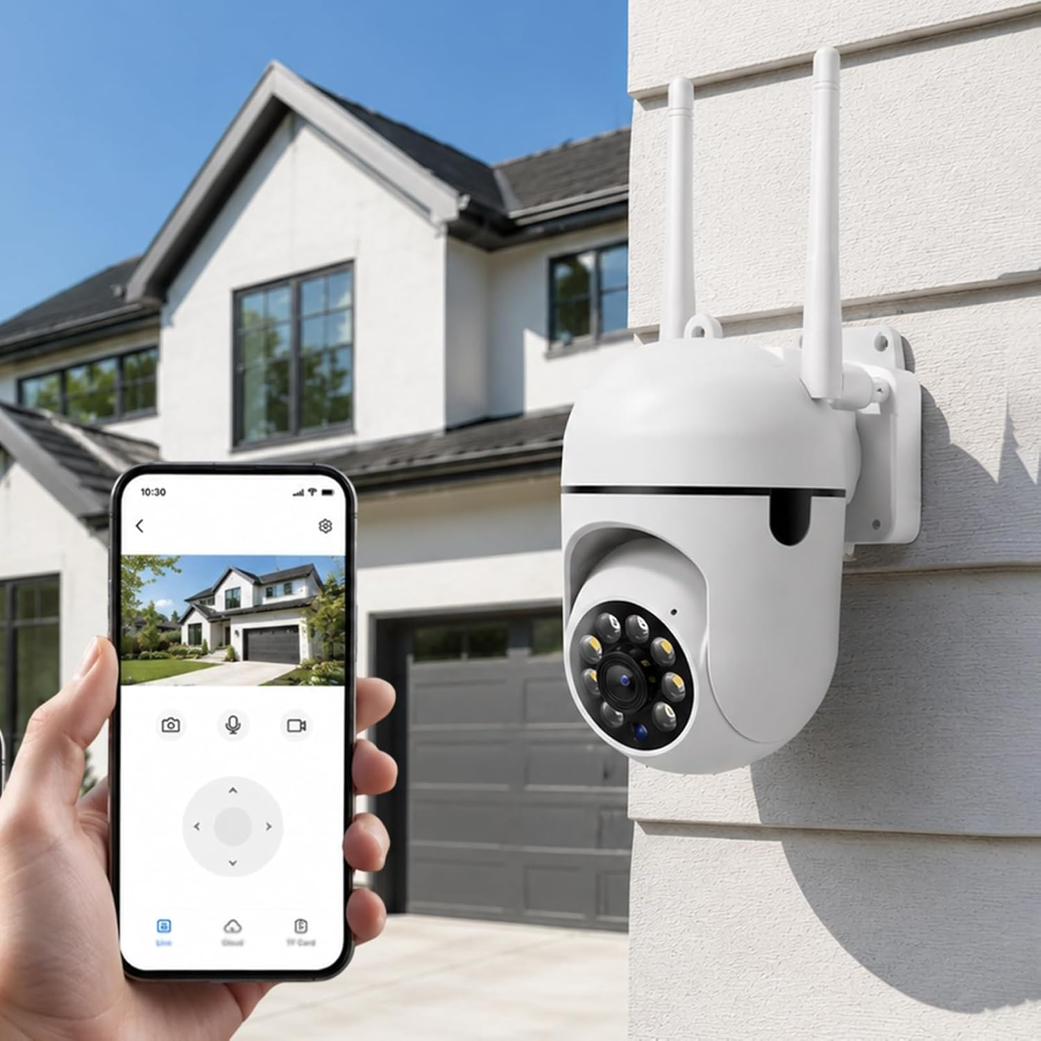 Wireless Waterproof Outdoor Security Camera, 1080P Wifi Camera with Color Night Vision, 2-Way Audio, Motion Detection, Sd/Cloud Storage, App Control, EU Plug, White
