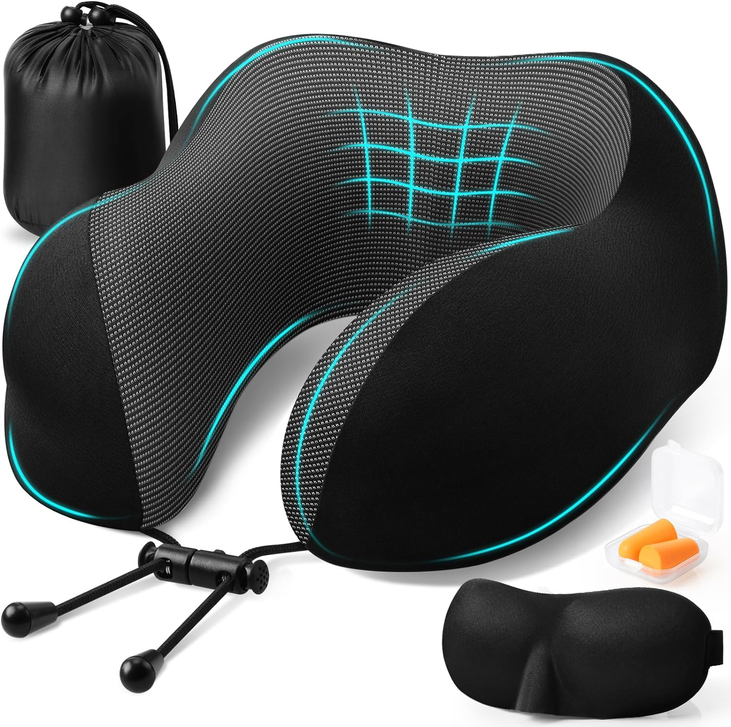 Travel Pillow, Travel Pillows for Sleeping Airplane, Removable Cover Neck Pillow with Adjustable Clasp, Memory Foam Neck Pillow Set with Eye Mask, Earplugs and Storage Bag (Black)