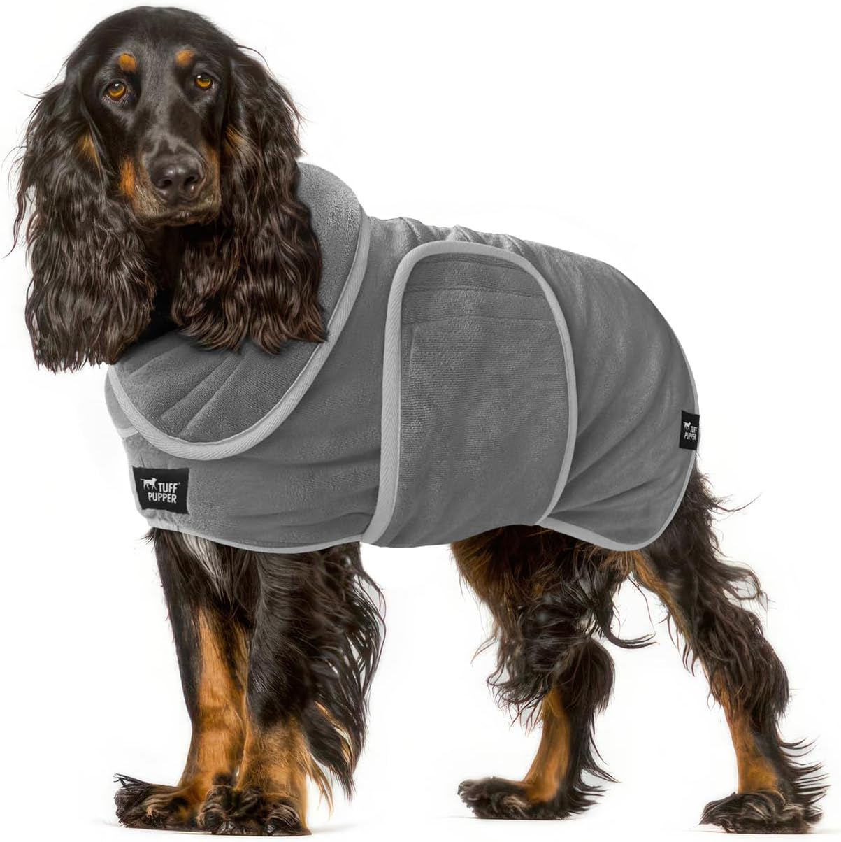 Fast Drying Dog Bath Robe | 800 GSM Plush Dog Towel Bathrobe/Dressing Gown | Super Absorbent Pet/Puppy Bathrobe | Adjustable Hood & Belly Strap | Super Soft | Fast Drying (M, Gray)