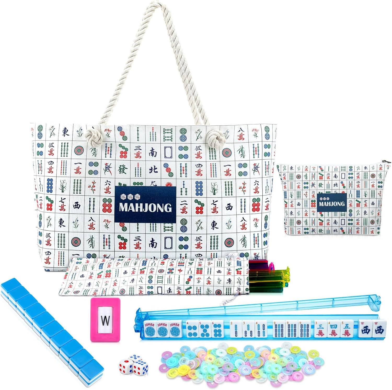 American Mahjong Tile Set, 166 Blue Tiles, 4 All-In-One Rack/Pushers, Complete Western Mahjong Set with Mah Jong Printed Carrying Bags