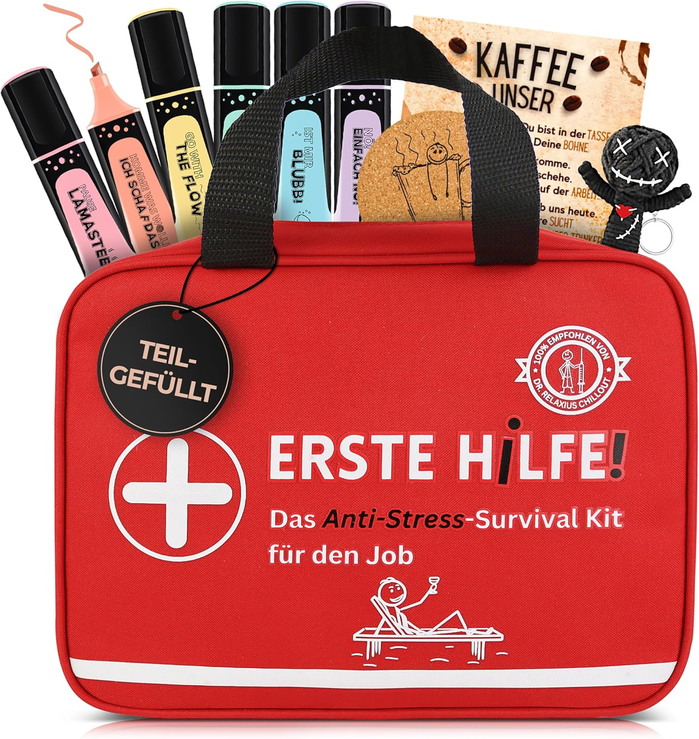GLÜCKSGUT® ERSTE HILFE Tasche Für Den Job | Teilgefüllt | Lustiges Geschenk Zum Befüllen | Textmarker + Voodoo Puppe + Kafeepausen-Set | Kollegen, Neuer Job, Abschied, Büro