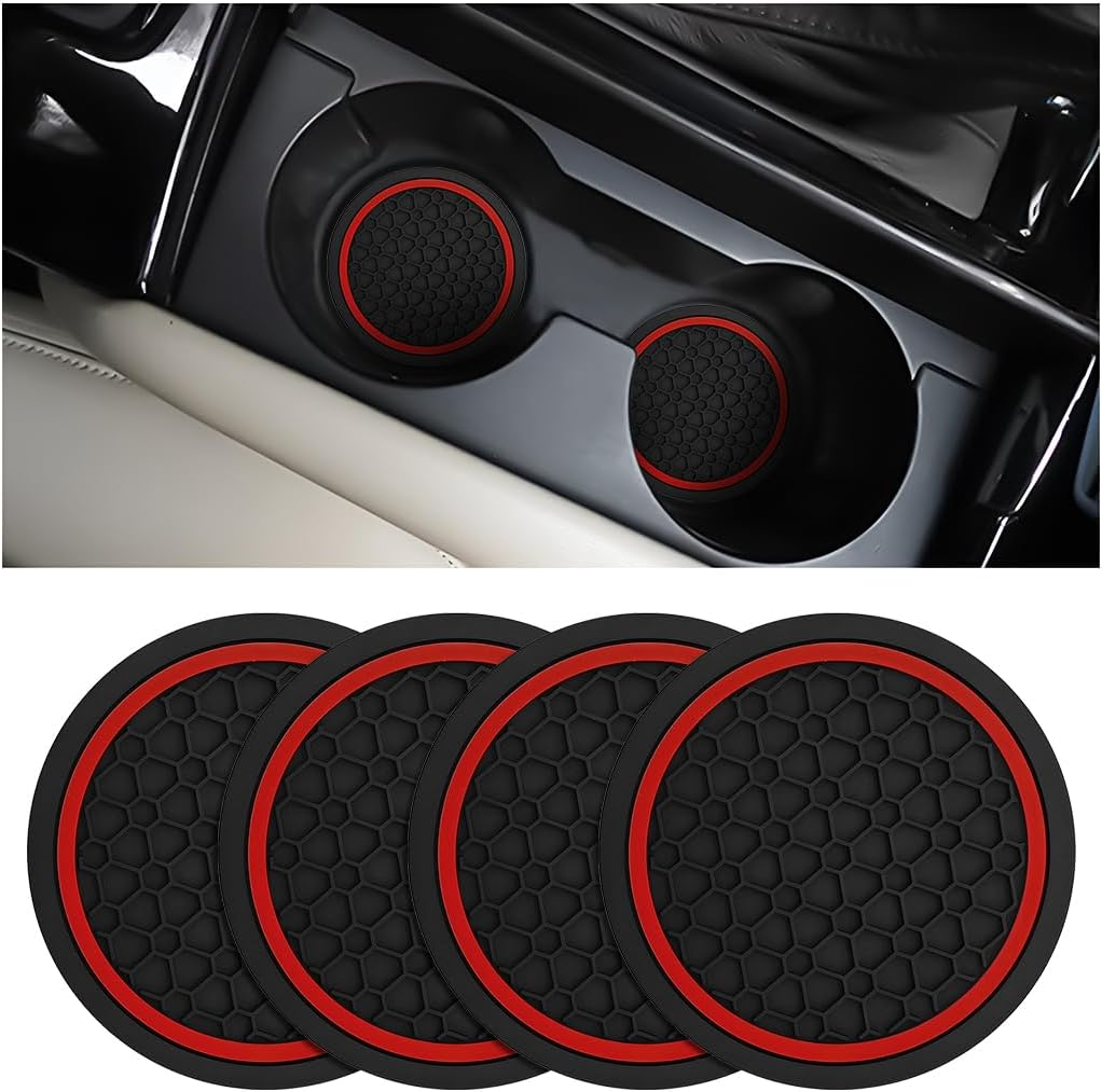Mandark 4PCS Car Cup Holder Coasters, 2.75 Inch Non-Slip Insert Water Bottle Holder Pads, Dustproof Automotive Interior Accessories Mat, Universal for Vehicles, Trucks, Rvs and More（Black/Red）