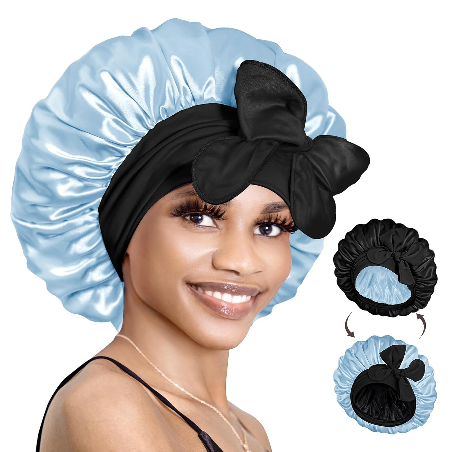 Silk Bonnet for Sleeping Satin Bonnet with Tie Hair Wrap Double Layer Sleep Cap for Women Curly Hair, Black Blue