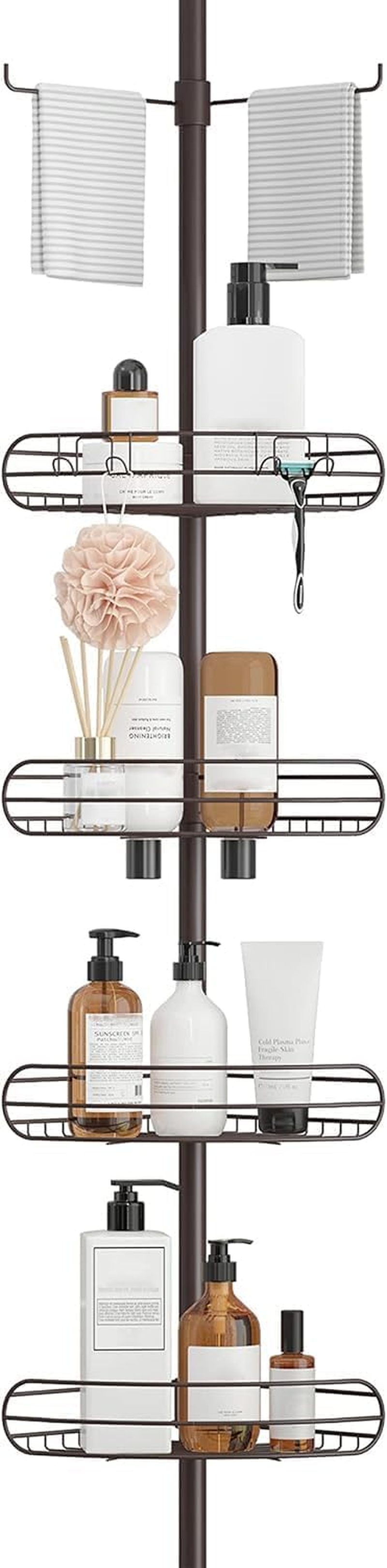 ALLZONE Corner Shower Caddy Tension Pole, 4-Tier Adjustable Shelves, Rustproof Bathroom Shower Organizer Corner for inside Shower Storage, Tension Mounted, 56 to 113 Inch Height, Oil Bronze