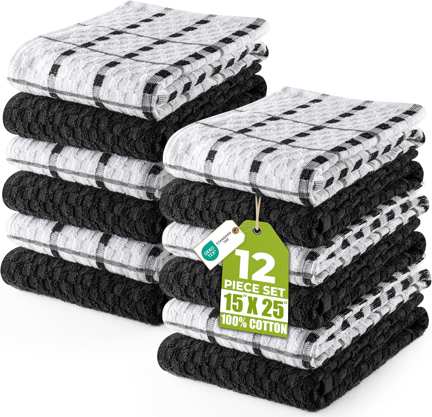 - Kitchen Towels 12 Pack, 15 X 25 Inches, 100% Ring Spun Cotton Super Soft and Absorbent Linen Dish, Tea and Bar Towels Set, Black