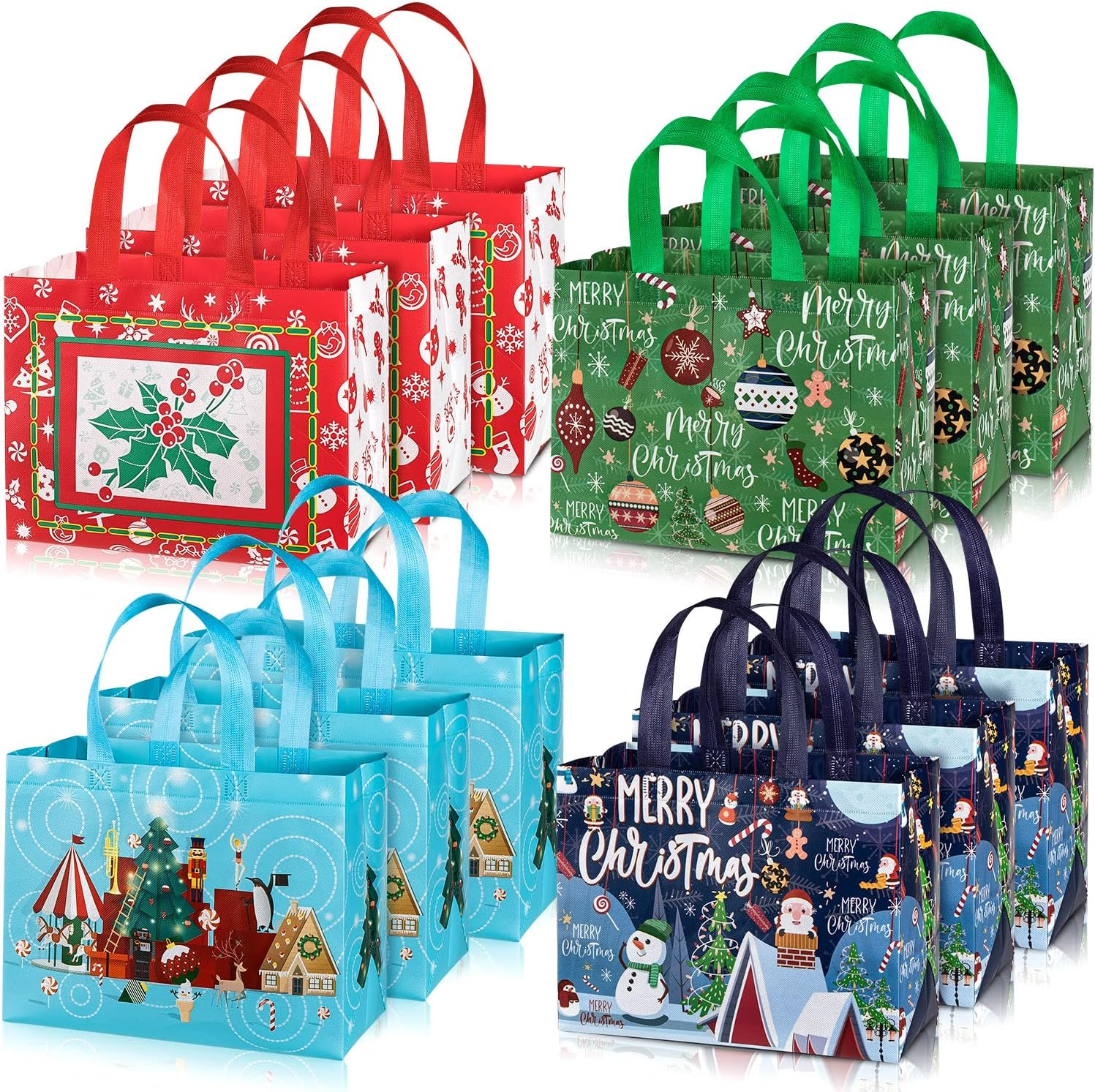 12 Pack Large Christmas Gift Bags Reusable Non-Woven Tote Bags with Handles Christmas Grocery Shopping Totes for Holiday Xmas Gifts Party Favors, 12.8