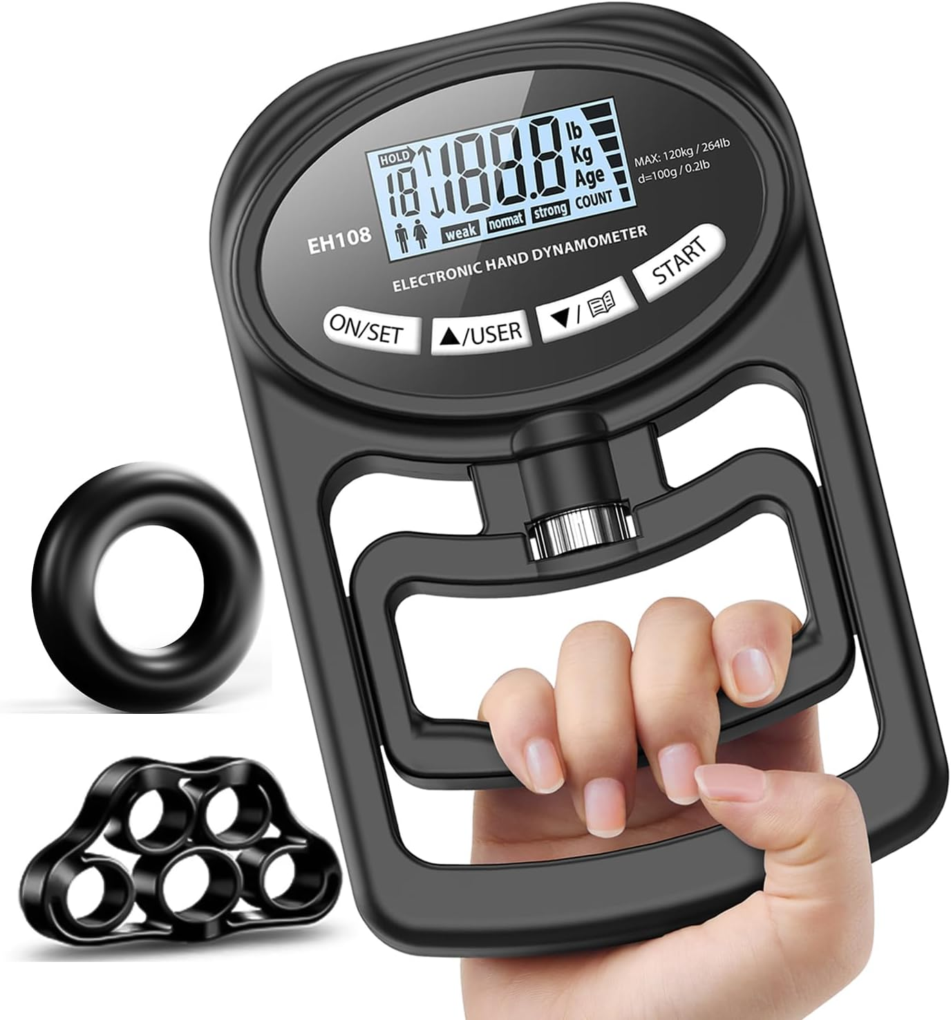 Hand Grip Strength Tester Trainer - Electronic Hand Dynamometer Forearm Grip Strengthener Exerciser Digital Training Gauge 265 Lbs 120 Kgs for Sport Home School Use
