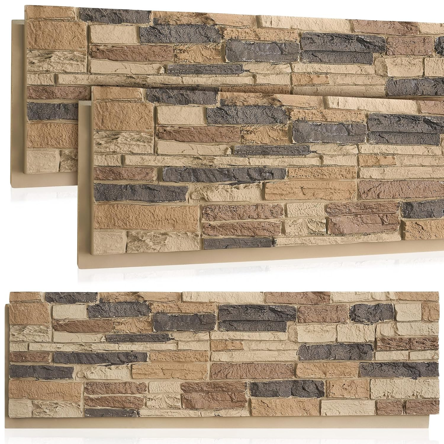 3 Pack Faux Stone Panels Interior 45.6''L X 11.8''H X 0.98''D Faux Siding Panels Exterior Artificial 3D Veneer for Wall Decor Outdoor Home Improvement Projects (Pu,Light Brown)
