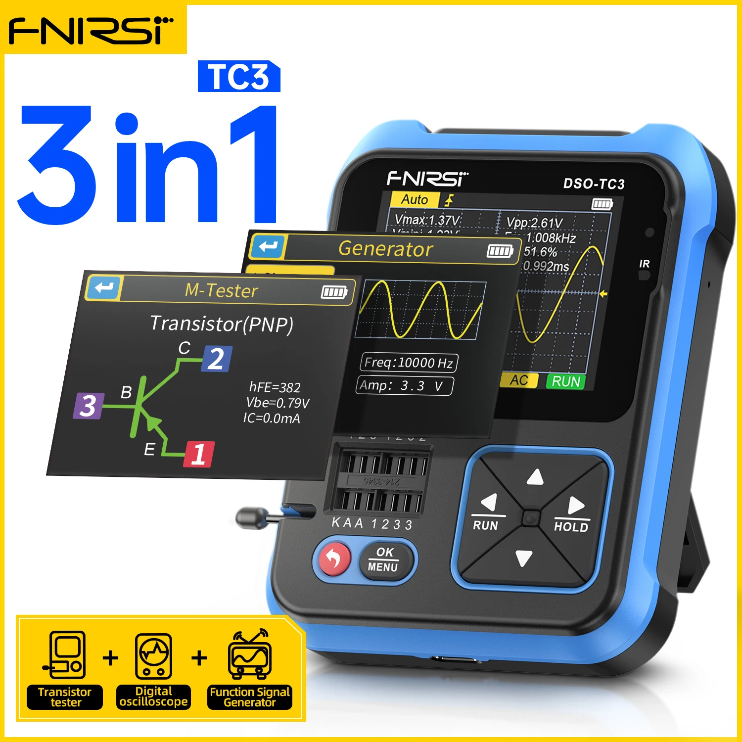 DSO-TC3 Portable Digital Oscilloscope Transistor Tester 3 in 1 Multi-function Multimeter Diode Voltage LCR Detect PWM Out