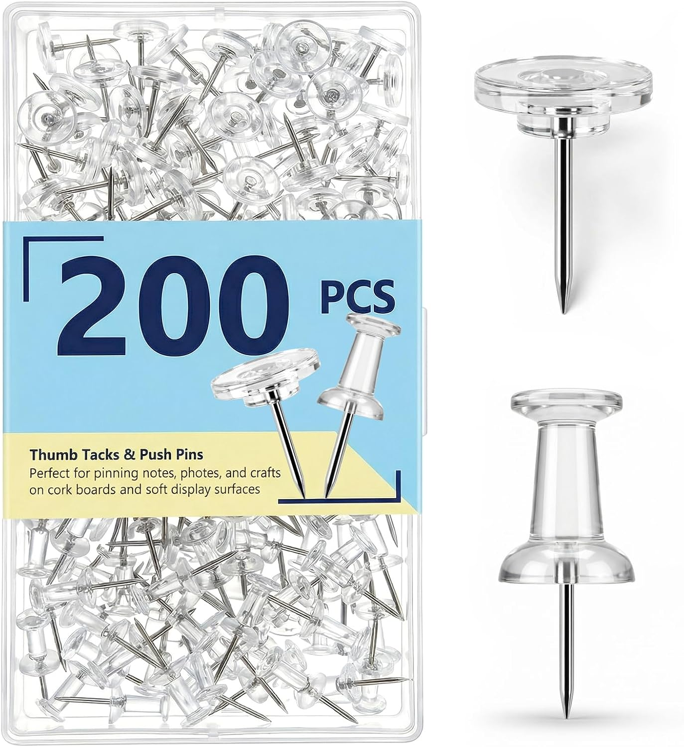 200Pcs Push Pins Thumb Tacks: Push Pin for Bulletin Board Cork Board - Clear Plastic Head & Steel Point Reusable Box - Flat Thumbtacks for Wall Map Posters Picture Hanging Home Office School