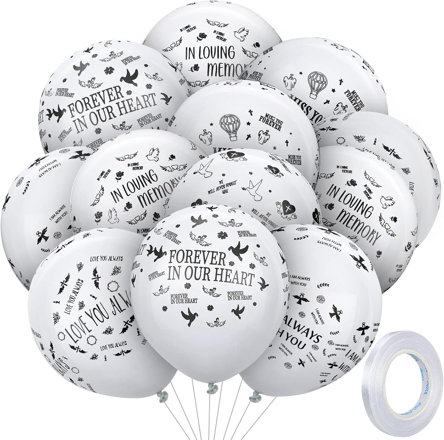 72 Pcs Memorial Balloons Set White Remembrance Funeral Celebration of Life Latex Balloon with Ribbon Love You Always Miss You Forever We Will Never Forget You Balloons Decorations 12 Inch
