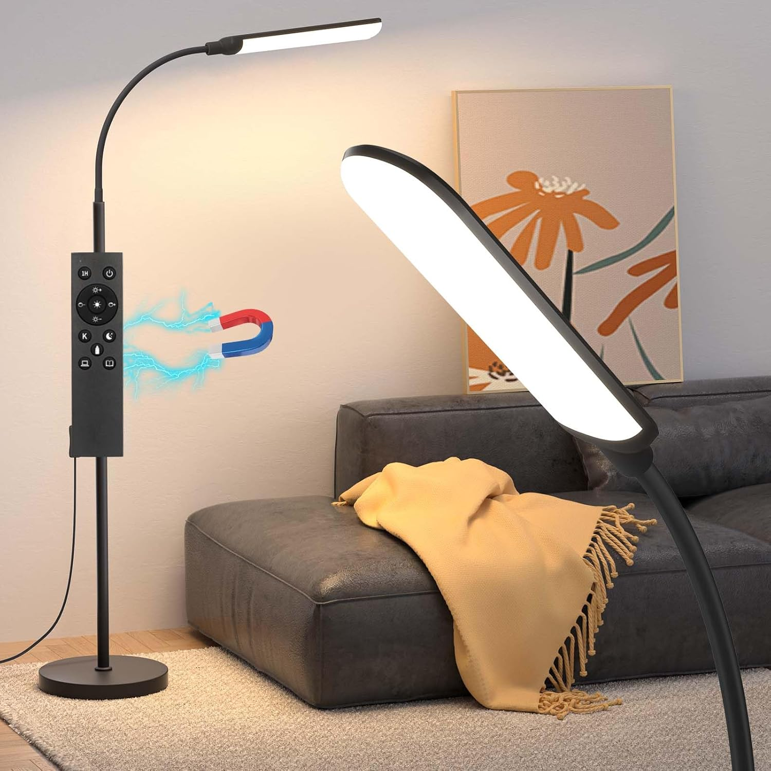 LED Floor Lamp, 18W Super Bright Floor Lamp for Living Room, Adjustable Stepless Colors & Brightness Gooseneck Standing Lamp, Eye Caring Reading Light with Remote for Bedroom Office