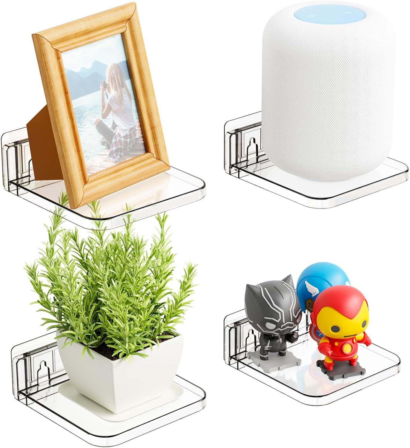 5 Inch Mini Shelf for Wall,4 Pack No Drilling Small Adhesive Shelf,Plant Shelves Indoor,Small Acrylic Floating Shelves for Wall and Display Ledges Picture,Funko,Anime Figure,Figurine,Clear