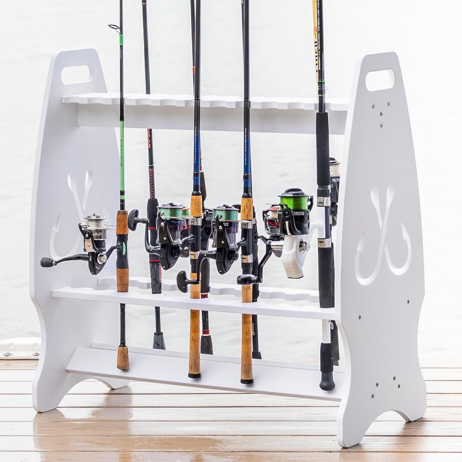Marlin Fishing Rod Rack for Garage & Dock | Freestanding Fishing Pole Holders for Garage Holds up to 24 Rods & Reels | Washable Weather-Resistant PVC Fishing Rod Storage Organizer
