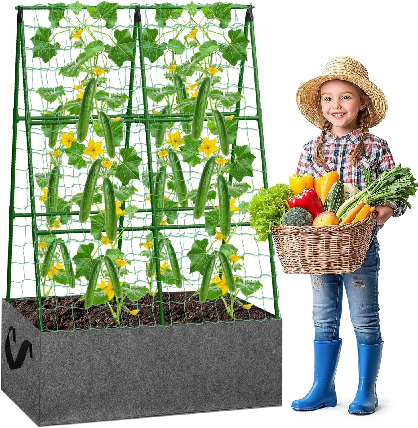 Cucumber Trellis and Grow Bag Set, 50x36 Inch Climbing Plant Support System
