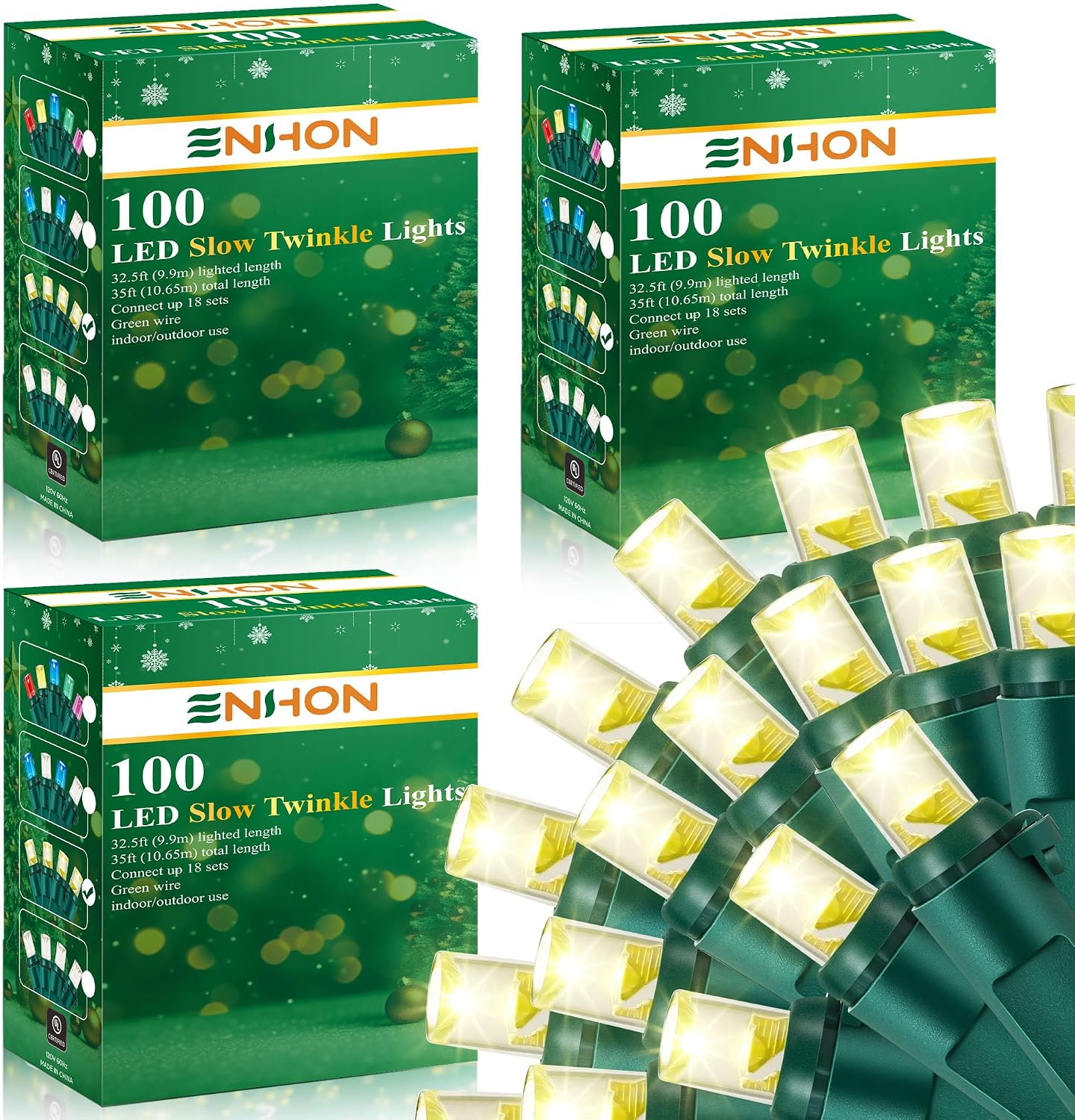 Enhon Slow Twinkling Christmas Light, 100 Lights 35 Ft Twinkle Pulsing Christmas, 5Mm LED Wide Angle Soft Random Shimmering Set with Green Wire(Warm White,3 Pack)