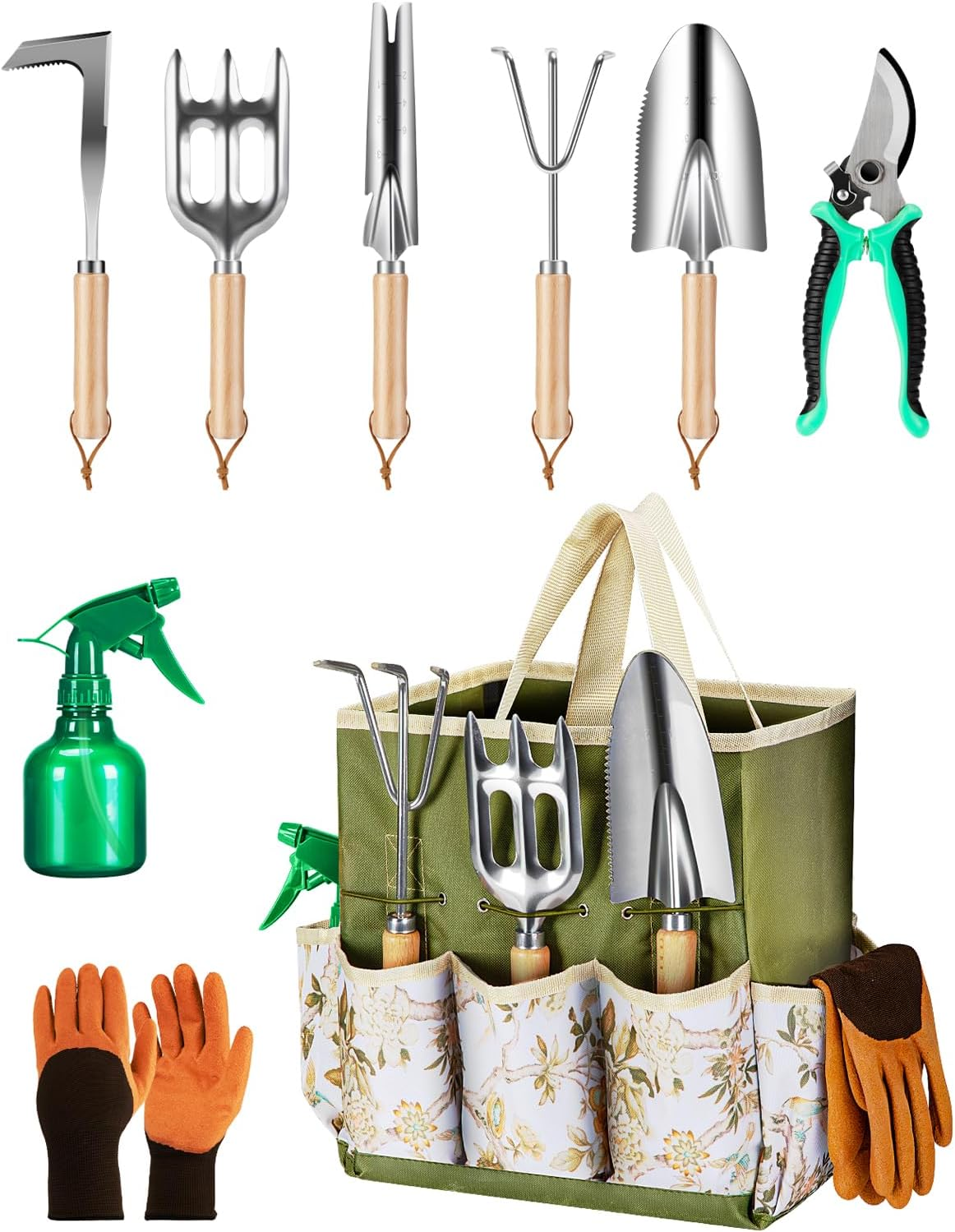 9-Piece Premium Gardening Tool Set for Women - Heavy Duty Stainless Steel Rust-Proof Tools with Fashion Storage Tote | Perfect Gardening Gifts for Mom, Mother'S Day, Birthday & Outdoor (Green)