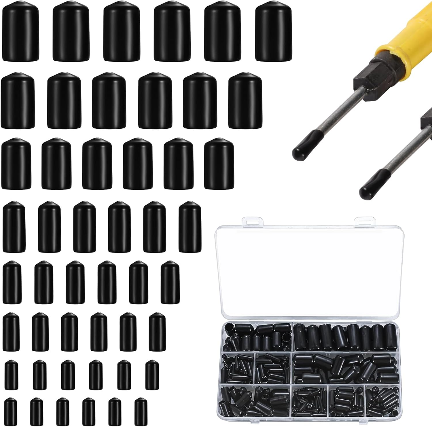 300 Stück Rundrohr Gummi Stopfen Set, Schwarz PVC Vinyl Gummikappen, Schutzkappen Zum Schrauben, Gummi-Endkappen Bolzen Kappe, Schrauben Kunststoffkappen Für Metallstäbe Elektrokabeln (Φ1.5Mm-10Mm)