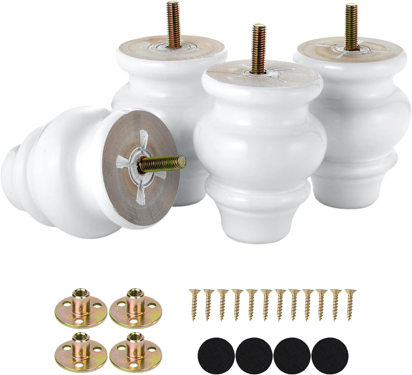 3 Inch White Furniture Legs Bun Feet Set of 4 Round Replacement Furniture Legs for Couch Sofa Ottoman