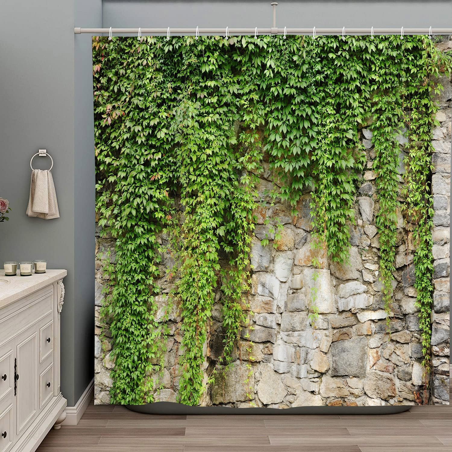 Stone Brick Wall Shower Curtain Green Leaves Garden Landscape Nature Plant Scenery Rustic Marble Rocks Stone Wall Bathtub Curtains Fabric Bathroom Accessories with Hooks 70Wx70H Inch