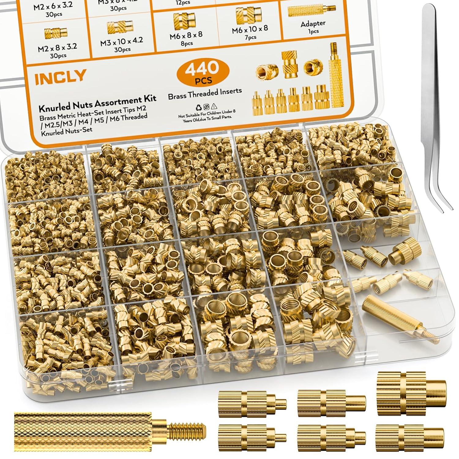 440PCS Threaded Inserts M2 M2.5 M3 M4 M5 M6 Brass Heat Set Inserts for Plastic Parts Metric Knurled Nuts Assortment Kit for 3D Printing Components Injection Molding