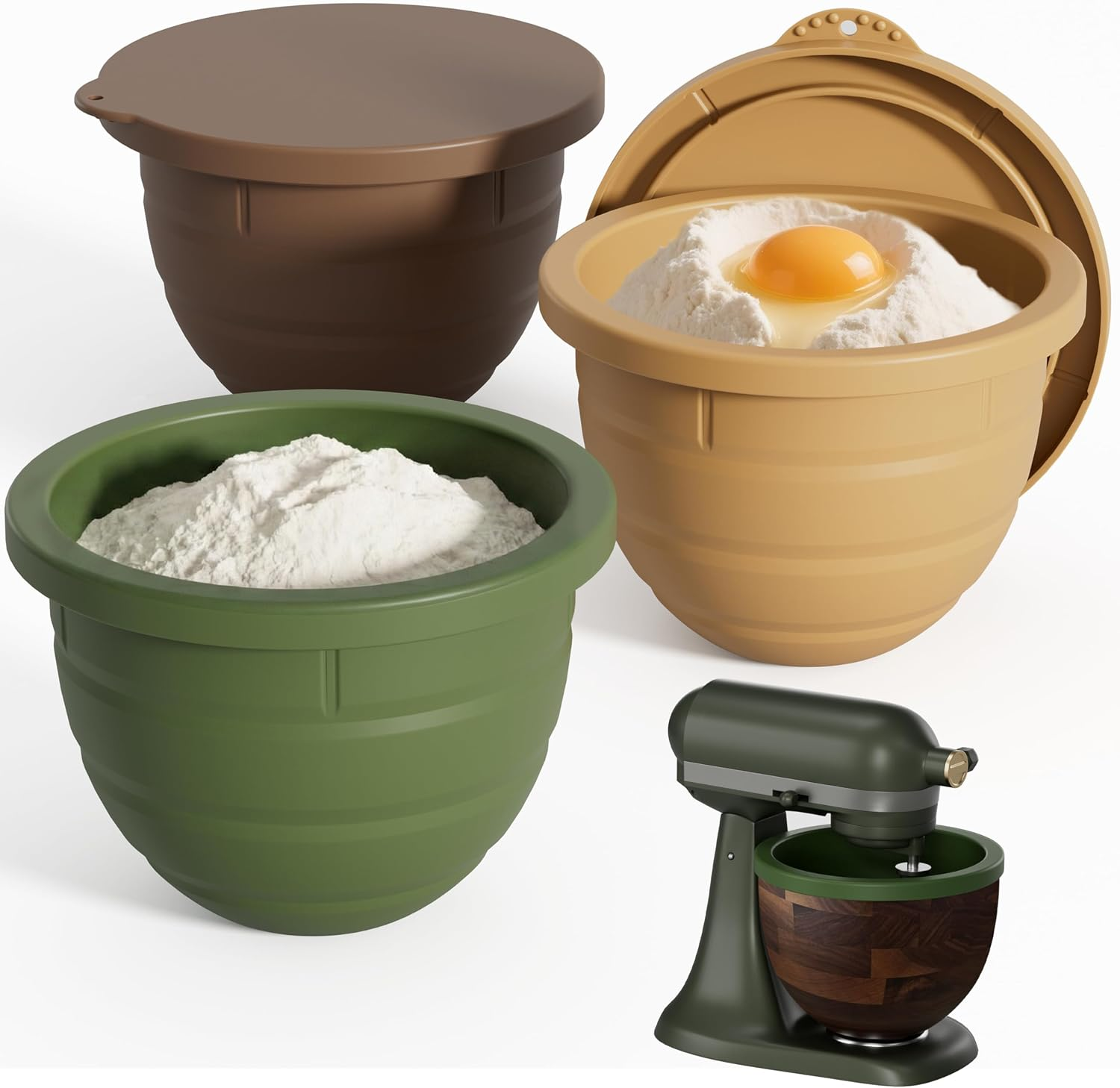 Silicone Bowl Liner Compatible with Kitchenaid Walnut Wood Mixing Bowl 5 Qt, Fits 2024 Evergreen & 2025 Tilt-Head Stand Mixer Accessories, 3 Food-Grade Liners with Lids, Dishwasher Safe