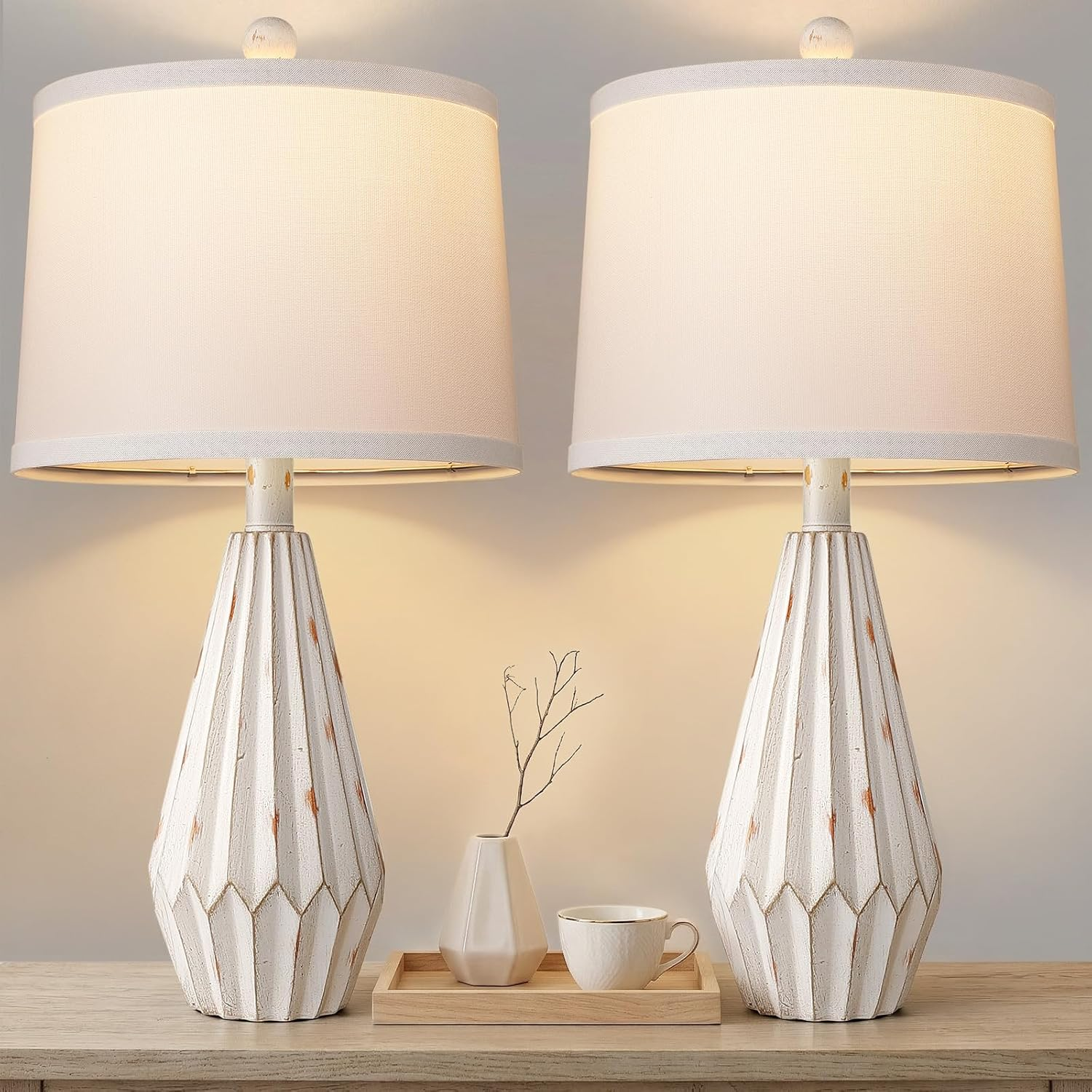 Set of 2 Modern Farmhouse Lamp for Living Room, Beige Rustic Resin beside Table Lamps with Linen Shade, Vintage Lamps for Nightstands Bedroom Entryway Decor