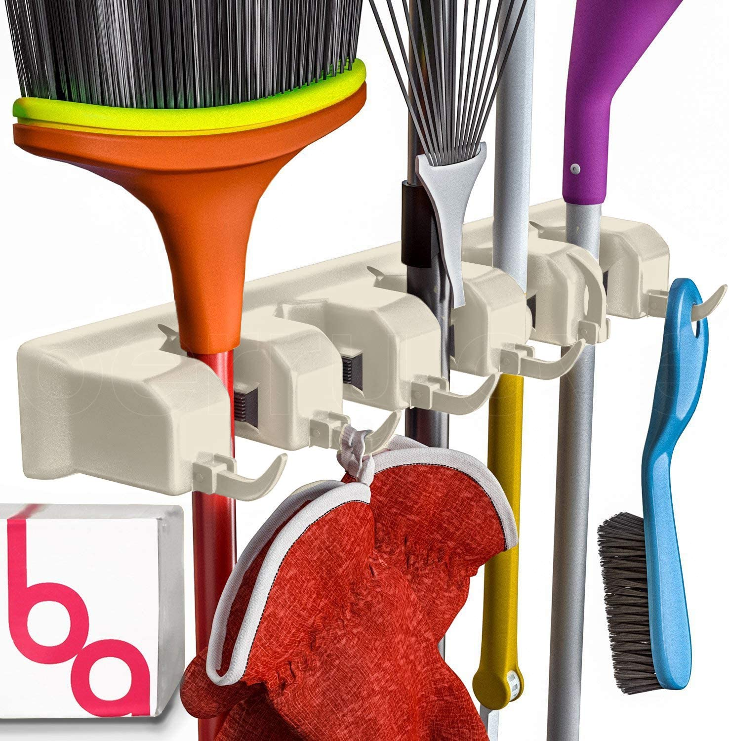 Broom Holder Wall Mount and Garden Tool Organizer, Closet Storage, Kitchen Rack, Home Organization and Garage Organizer for Rake or Mop Handles up to 1.25-Inches, Hanger plus 6 Hooks (BEIGE, 1 PACK)