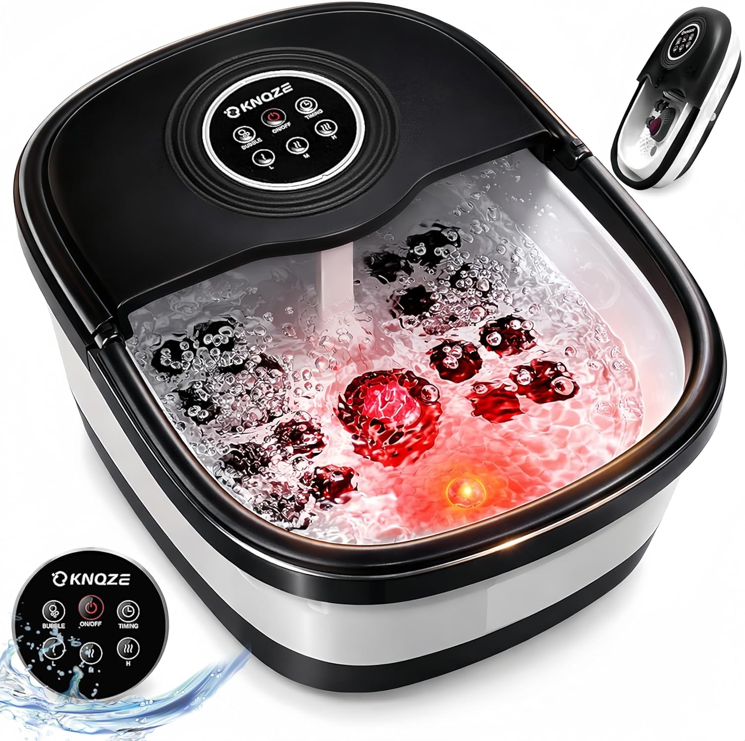Collapsible Foot Spa Bath with Heat & Remote Control, Bubble Massage, Temperature Control, Red Light, Timer, 16 Rollers & Pumice Stone for a Soothing Spa Experience