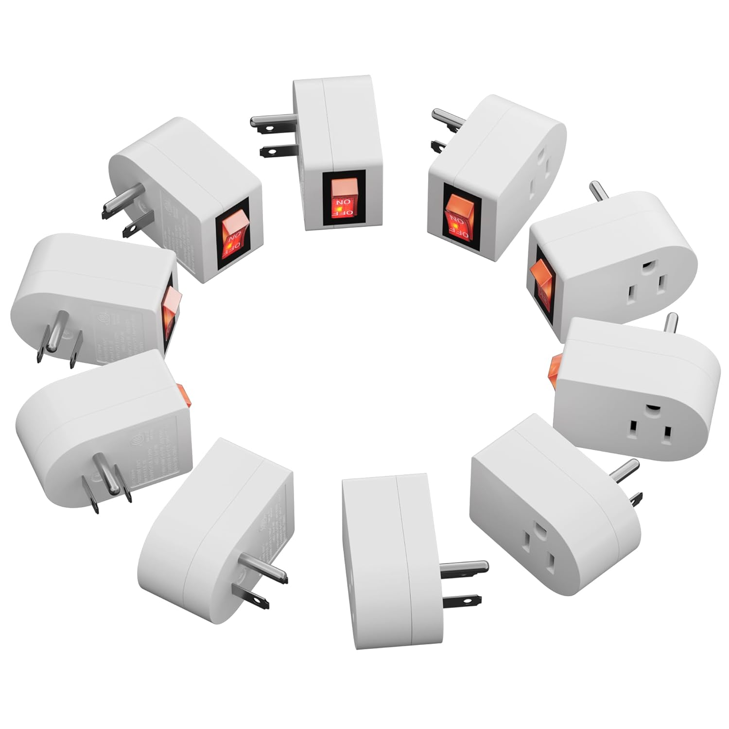Grounded Outlet Extender with On/Off Switch (10 Pack), 3 Prong Single Port Power Adapter, Energy & Space Saving Wall Tap Plug with Red Indicator for Light & Small Appliance, ETL, White