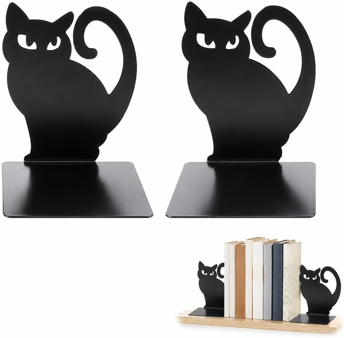 2 Pack Cat Metal Bookends – Cute Heavy Duty Desk Book Shelf Organisers | Non-Slip Metal Book Support for Books, Files, Magazines, Office & Home Decor