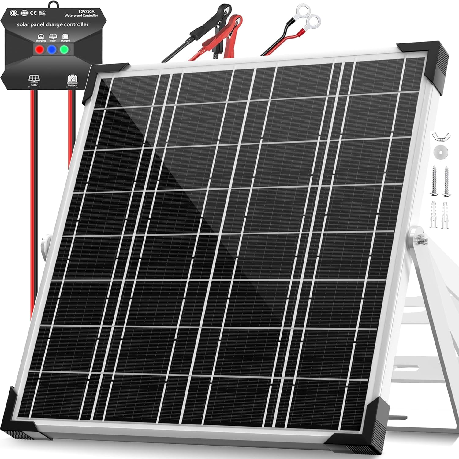 20W 12V Solar Battery Trickle Charger Maintainer + Upgrade 10A MPPT Charge Controller + Adjustable Mount Bracket, Waterproof Solar Panel Trickle Charging Kit for Car RV Boat Motorcycle Trailer